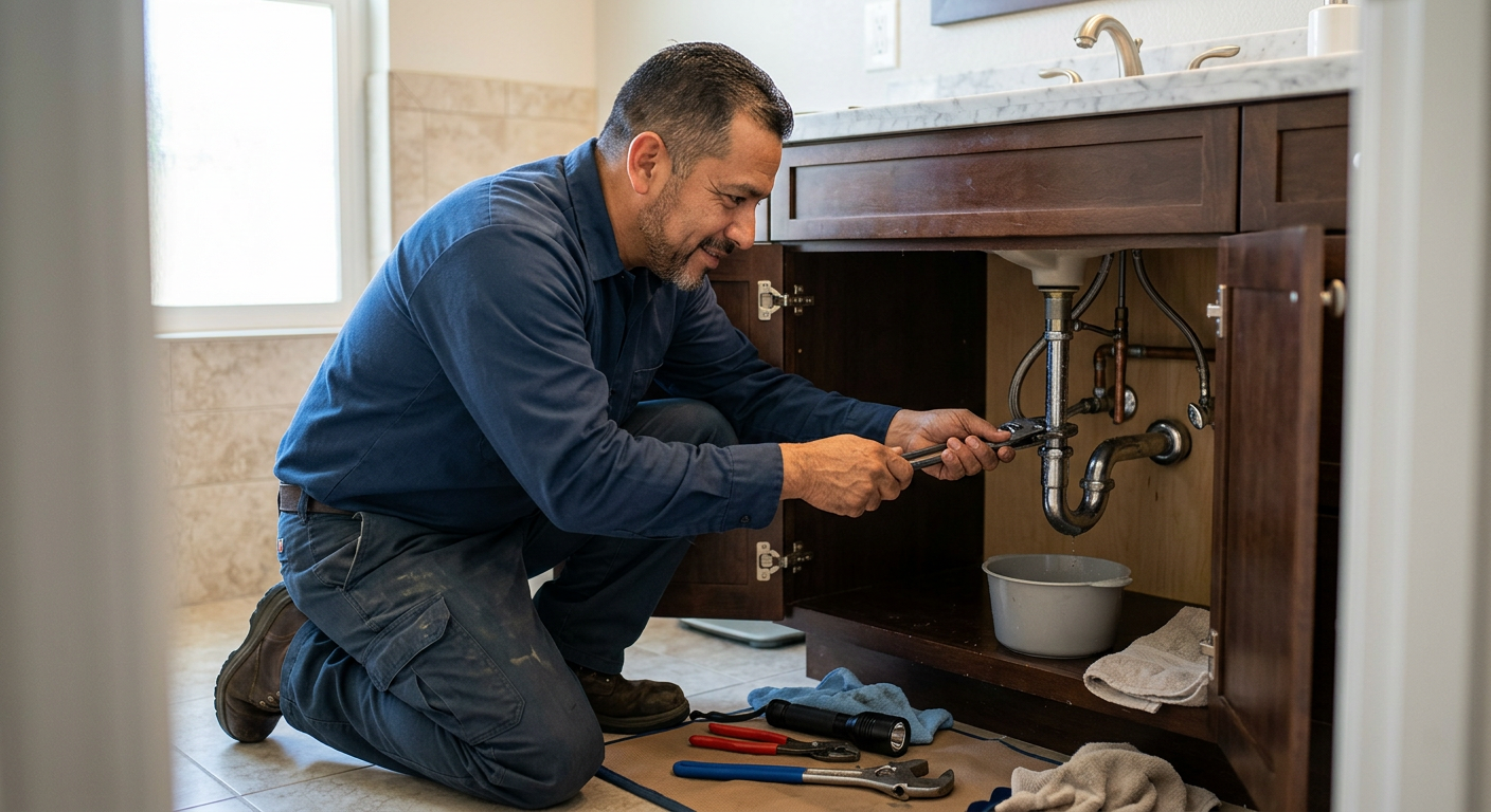Local plumber repairing a pipe leak in a home